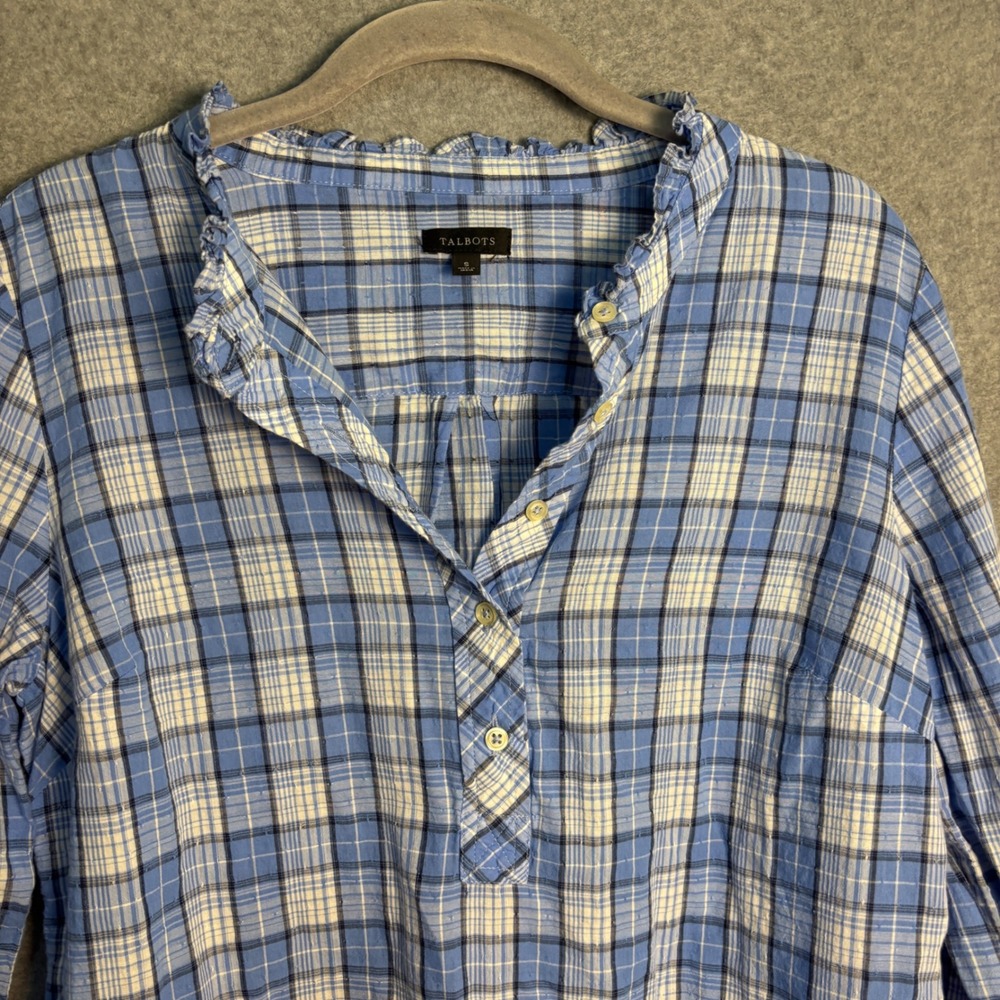 Talbots Plaid Popover Blouse Women's Small Blue 100% Cotton Ruffle Collar Top - Picture 7 of 9